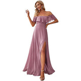 New One-Character Collar Solid-Colored Dress Sleeveless Long-Sleeved-Sided Chiffon Evening Dress Open Skirt HZ0517