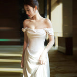 French One-Word Shoulder-To-Shoulder Wedding Bridal High-Grade White Simple Vertiny Dress Temperament Light Luxury Body Fishtail Skirt HZ0517