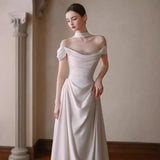One-Word Shoulder-Sand-Faced Light Wedding Dress 2026 Spring Winter New Bridal White Yarn White Tail Dress HZ0517