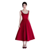 Red Vintage Bridal Engagement Evening Dress Banquet High-End Toasting Temperament Elegant Hepburn Style Simple Dress HZ0517