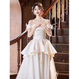One-Word Shoulder-Singed Noodle Light Wedding Dress 2026 New Wedding Engagement Bow White Evening Dress Go Out Shading Ponpong Skirt HZ0517