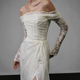 French Long-Sleeved Lace Light Wedding Dress Bride 2025 New One-Word Shoulder Retro Linen Go Out Yarn Fishtail Dress Dress HZ0517
