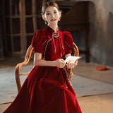 Toasting Bridal 2026 New Red Velvet Engagement Wedding Chinese Cheongsam Improved Evening Dress Long Sleeve HZ0517