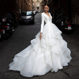 Hot Wedding Dress Long Sleeves Dragging High Waist Thin Wedding Dress French Yarn Main Yarn Depth V Sexy HZ0517