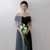 French One-Word Shoulder Black-Themed Light Wedding Dress Shooting Simple Stite Hepburn Style Korean Evening Dress Long Dress HZ0517