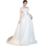 One-Word Shoulder Light Wedding Dress Fauct French Simple Small Tug-Tailed Thin 2026 New Brides Go Out Light Wedding Dress HZ0517