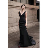 French Hepburn Black Evening Dress Dress Female Senior Sense Banquet Light Luxury Small Fishtail Temperament Twilight HZ0517