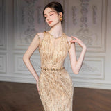 Golden Evening Dress Female Squint Fishtail Bride To Dress Wedding Dress Tout Light Luxury Niche Banquet Temperament Host HZ0517