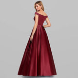 One-Word Shoulder Dress 2026 New Hot Female V-Neck Solid Color Long Retro Dress Banquet Evening Dress HZ0517