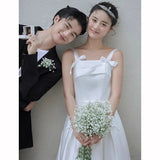 White Dingy Light Wedding Wedding Party Dress Sling Bow A Word Evening Dress Wedding Dress HZ0517