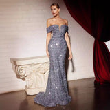 Women Evening Dress Sequin Temperament Pure Color One-Word Collar Temperament Solid Color Banquet Dress Evening Dress HZ0517