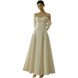 Sling Ribbon Lint Light Wedding Dress French Simple Travel Bridal Wedding Dress Retro White Long Sleeves Out Yarn HZ0517