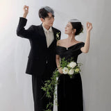French One-Word Shoulder Black-Themed Light Wedding Dress Shooting Simple Stite Hepburn Style Korean Evening Dress Long Dress HZ0517