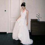 Light Wedding Dress Female Bride Wedding Hanging Neck Toast Suit 2026 New Elegant Dignified V-Neck Party Dinner Dress HZ0517