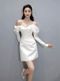 French One-Word Shoulder-To-Shoulder Wedding Bridal Engagement Long-Sleeved Certificate Registration Small White Skirt Elegant Short Dress HZ0517