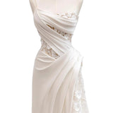 French Light Wedding Dress Bride Slanted Shoulder Linen Yarn Lace Bra Toast Dress Small Tail Welcome Dress HZ0517