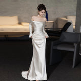 French Light Wedding Dress 2026 New Bride Simple Denswear A Word On The Shoulder White Waist Fishtail Evening Dress HZ0517