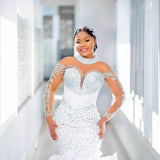New Word Shoulder Fishtail Wedding Dress Long Sleeves Light Luxury Small Wedding Dress Body Sexy Light Wedding Dress HZ0517
