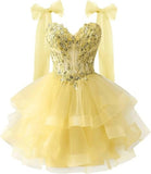 Layered Tulle Back To School Dress Sparkling Lace Decals Bow Strap Teen Short Prom Dress HZ0517