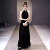 Black Evening Dress 2026 New Improved New Chinese T-Flag Hanging Neck Esque Banquet Host Dress HZ0517