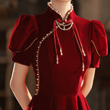 Toasting Bridal 2026 New Red Velvet Engagement Wedding Chinese Cheongsam Improved Evening Dress Long Sleeve HZ0517