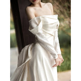 One-Word Shoulder Long-Sleeved Light Wedding Dress Yarn Main Yarn High-End Light Luxury Go Out Yarn French Big Tail Bride Wedding Dress HZ0517