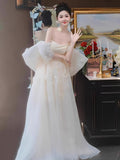 One-Word Shoulder Light Wedding Dress Half-Perspective New French Fairy Morning Robe Bride Married Yarn Tective Engagement Dress HZ0517