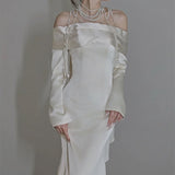 One-Word Shoulder Long-Sleeved Vertiny Face Light Wedding Dress Bride Goes Out Yarn Temperament Fishtail Simple French Engagement Wedding Dress Dress HZ0517