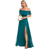 New One-Character Collar Solid-Colored Dress Sleeveless Long-Sleeved-Sided Chiffon Evening Dress Open Skirt HZ0517