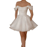 White One-Word Shoulder Evening Dress New French Unkempt Dress Short Dress Birthday Party Dress High Sense HZ0517