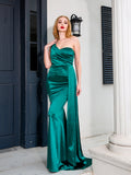 One Shoulder Padded Sexy Satin Maxi Dress Women's Evenin HZ0517