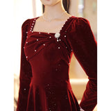 Long-Sleeved Toasting Bride 2026 New Wine Red Engagement Dress Dress High-End Velvet Dress HZ0517