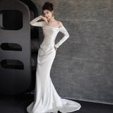 Long-Sleeved Vertiny Light Wedding Dress 2026 New Word-On Shoulder Simple Fishtail Yarn French Engagement Banquet Dress HZ0517