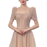 Champagne High-End Evening Dress Light Luxury Niche Banquet French-Style Squint Elegant Host Fairy Dress HZ0517