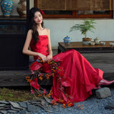 French Toasting Bride Red Morning Robe Female High Sense Light Luxury Temperament Engaged To Wedding Fishtail Brawn Dress Dress HZ0517