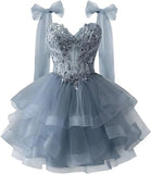 Layered Tulle Back To School Dress Sparkling Lace Decals Bow Strap Teen Short Prom Dress HZ0517