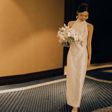White Light Wedding Dress 2026 Banquet Temperament Elegant Improvement Cheongsam Lace Hanging Neck Dress Woman HZ0517
