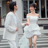 French Light Wedding Dress Bride High-End Feeld With The Density Certificate Registration Small White Dress A Word Shoulder Yarn Engagement Dress Woman HZ0517