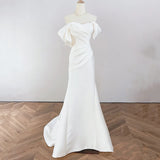 French Word Shoulder Light Wedding Bride Simple Line Welcome To Go Out White Body-Scrut-Sand-Faced Fishtail Dress Dress HZ0517
