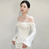 French Long-Sleeved Light Wedding Dress Word Shoulder High-End Feeld Blinded Small White Engagement Evening Dress Temperament Simple Daily HZ0517