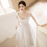 French Engagement Light Yarn White Simple Banquet Small Dress Certificate Registration Daily Dress Retro Evening Dress Woman HZ0517