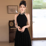Black Hanging Neck Retro Evening Dress Slimming Host Long Dress Dress Dress Banquet High Sense Of Light Luxury HZ0517