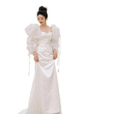 French Light Wedding Dress Lint Temperament Shoulder Yarn Small Tail Smear Bride Welcome Evening Dress White HZ0517