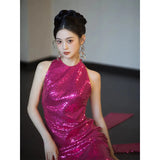 Dragon Fruit Color Bridal Toast Suit 2026 New Lychee Evening Dress Host Light Luxury Niche Hanging Neck Dress HZ0517