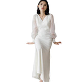 French Light Wedding Dress Super Fairy Simple White Vertiny Bride Go Out Yarn V Collar Long-Sleeved Fairy Party Daily Dress Woman HZ0517