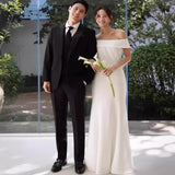 Light Wedding Dress Sen Family Travel Simple 2025 New Bride Wedding Super Fairy Shoulder Black Thin Fishtail Dress HZ0517