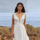 Wedding Dress Elegant Chiffon Beach Dress Lace Short-Sleeved A-Word Dress HZ0517