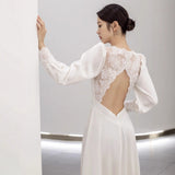 French Light Wedding Long-Sleeved V-Neck Simple Travel Shot White Thin Korean Bride Morning Pat Welcome Yarn Lace Dress HZ0517