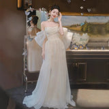 One-Word Shoulder Light Wedding Dress Half-Perspective New French Fairy Morning Robe Bride Married Yarn Tective Engagement Dress HZ0517