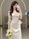 French-Style Fasley-Faced Shoulder-To-Shoulder Lace Long-Sleeved Dress High-Grade Sense Of Niche Temperament Simple Evening Dress HZ0517